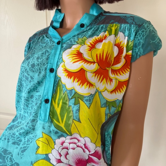 Desigual Turquoise Floral Blouse with Smoked Detail & Pockets Blue Size Small - Picture 5 of 6